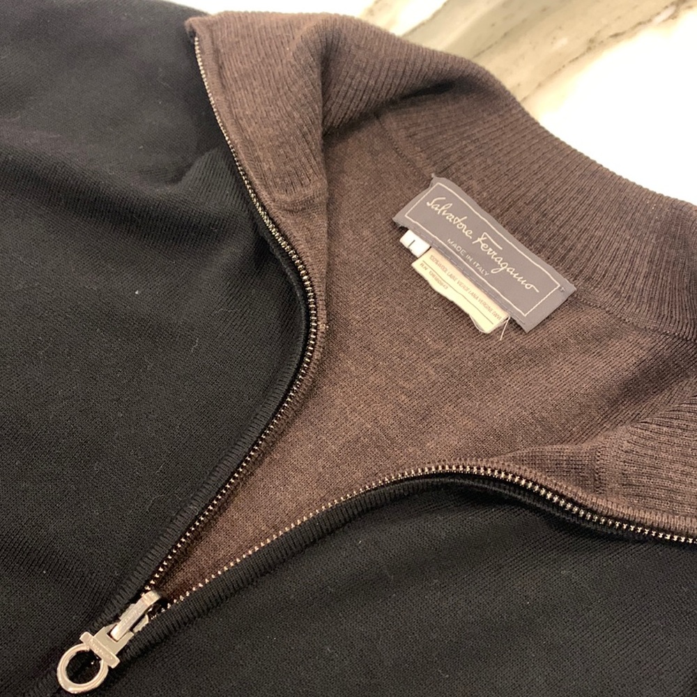 Salvadore Ferragamo Lambswool Knit Black Cardigan w/Brown Knit Inside-Large